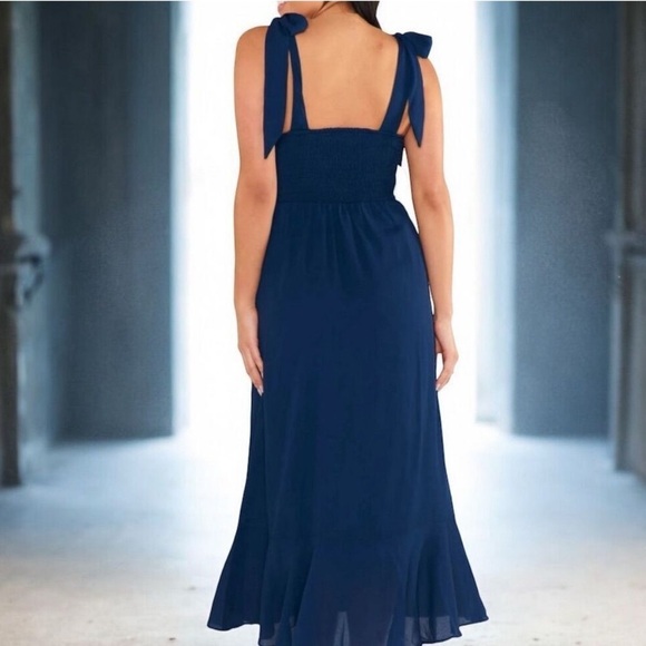 Show Me Your Mumu Clair Mid Dress Blue Grey Medium Smocked Back Dquare Neck Slit - Picture 14 of 16